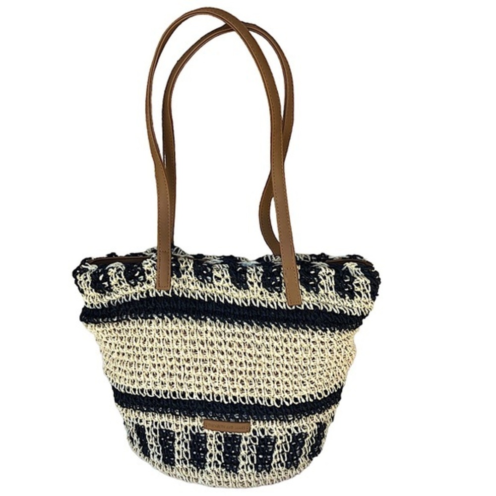 Elizabeth & James Straw Paper Natural Black Tan Boho Bag With‎ Attached Wristlet